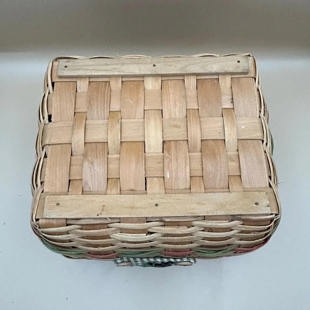 Vintage Farmhouse Woven Wood Basket with Rooster Patch and Swing Handle